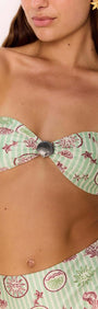 Green Stripe Printed Bikini Bandeau Top with Shell Detail worn by model, featuring twist front and sea motif print.