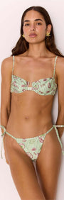 Model wearing a Green Stripe Printed Bikini Bra Top with underwire support and adjustable straps.
