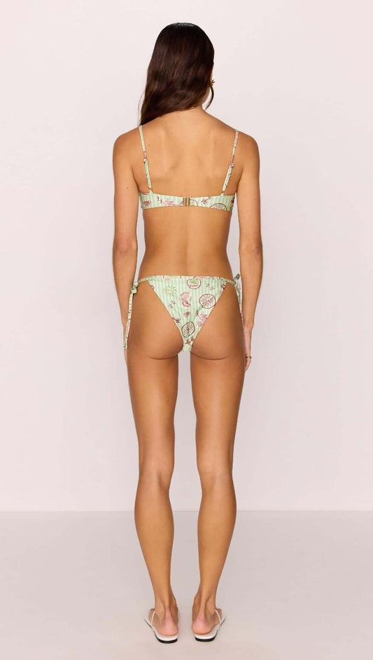 Green Stripe Printed Cheeky Tie Bikini Bottoms showcased from the back with tie sides and cheeky coverage.
