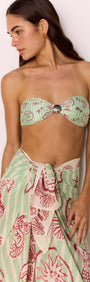 Green Stripe Printed High Waist Bikini Bottoms styled with matching accessories on a beach model.