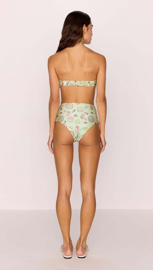 Back view of a model wearing Green Stripe Printed High Waist Bikini Bottoms with vintage-inspired design.