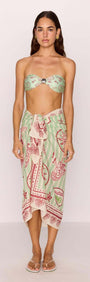 Model showcasing the Green Stripe Printed Sarong, perfect for versatile beach styling and lightweight comfort.