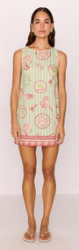 Linen Blend Green Stripe Printed Shift Mini Dress worn by a model, featuring coastal motifs and a relaxed silhouette.