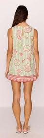 Linen Blend Green Stripe Printed Shift Mini Dress showcasing back view with coastal motif print.