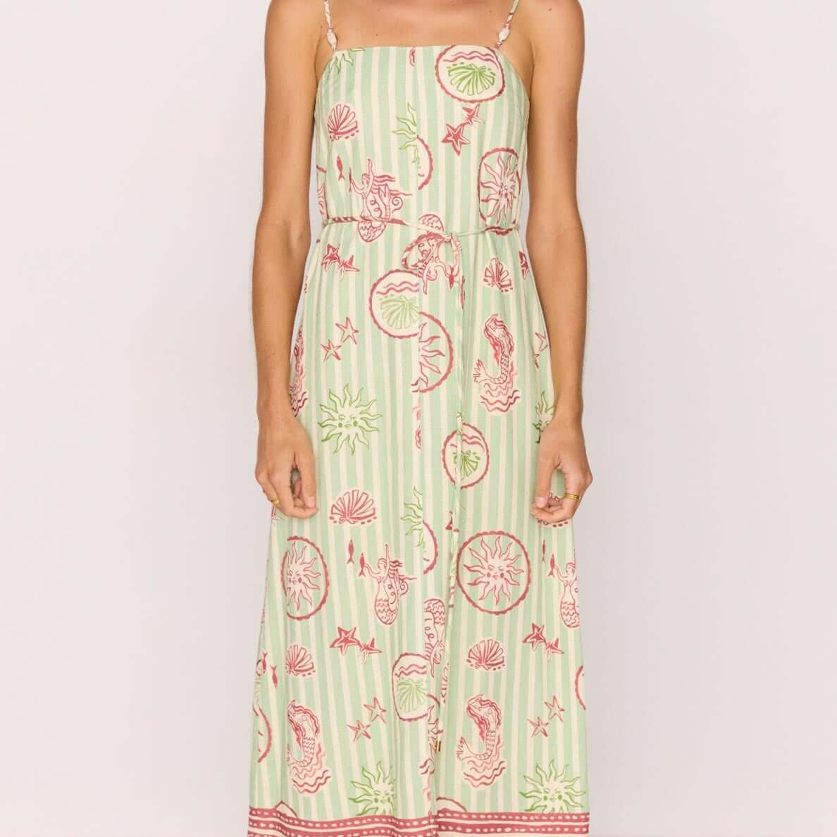 Linen Blend Green Stripe Printed Tie-Waist Midi Dress displayed on a model, featuring a sea-inspired print and adjustable straps.