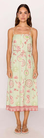 Linen Blend Green Stripe Printed Tie-Waist Midi Dress displayed on a model, featuring a sea-inspired print and adjustable straps.