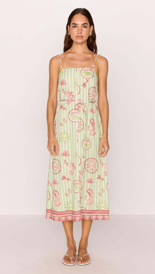 Linen Blend Green Stripe Printed Tie-Waist Midi Dress displayed on a model, featuring a sea-inspired print and adjustable straps.