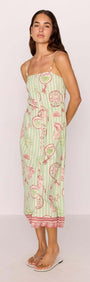 Linen Blend Green Stripe Printed Tie-Waist Midi Dress worn by a model, showcasing its relaxed coastal charm and sea-inspired print.
