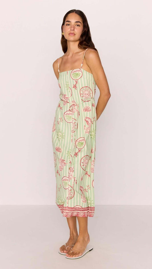 Linen Blend Green Stripe Printed Tie-Waist Midi Dress worn by a model, showcasing its relaxed coastal charm and sea-inspired print.