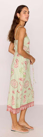 Linen Blend Green Stripe Printed Tie-Waist Midi Dress featuring adjustable straps and sea-inspired print.