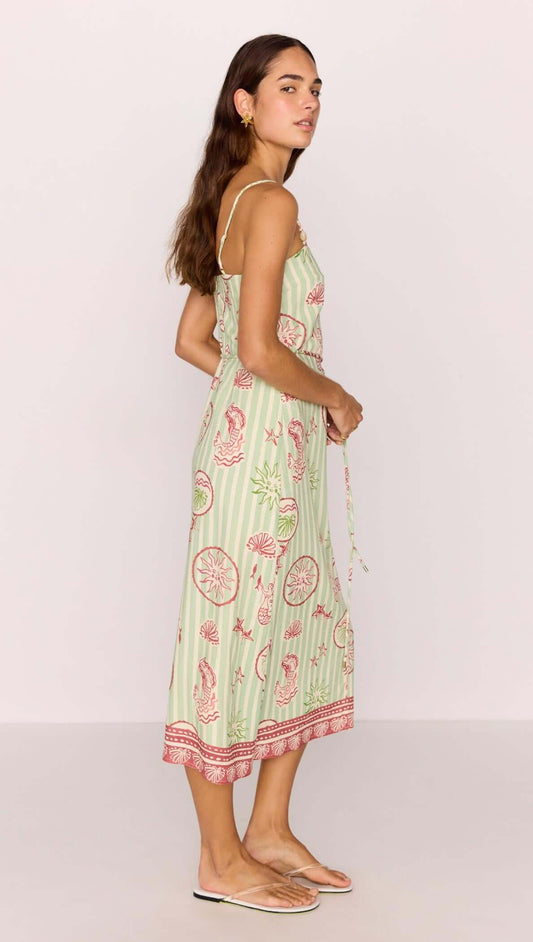 Linen Blend Green Stripe Printed Tie-Waist Midi Dress featuring adjustable straps and sea-inspired print.