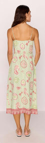 Linen Blend Green Stripe Printed Tie-Waist Midi Dress shown from the back, featuring a sea-inspired print and adjustable straps.