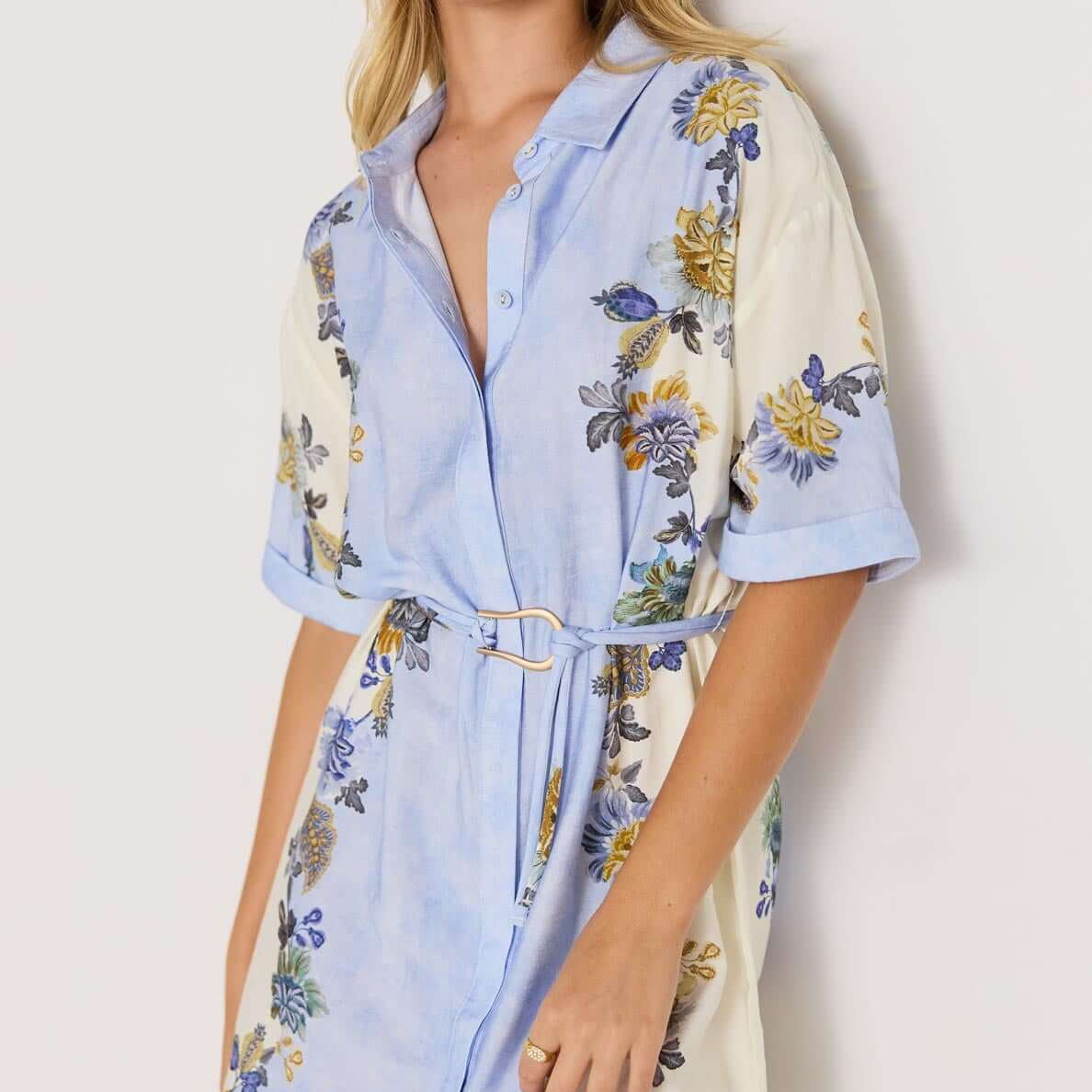 mini shirt dresses for women Blue & Cream Floral Mini Shirt Dress for Summer Style – MINKPINK