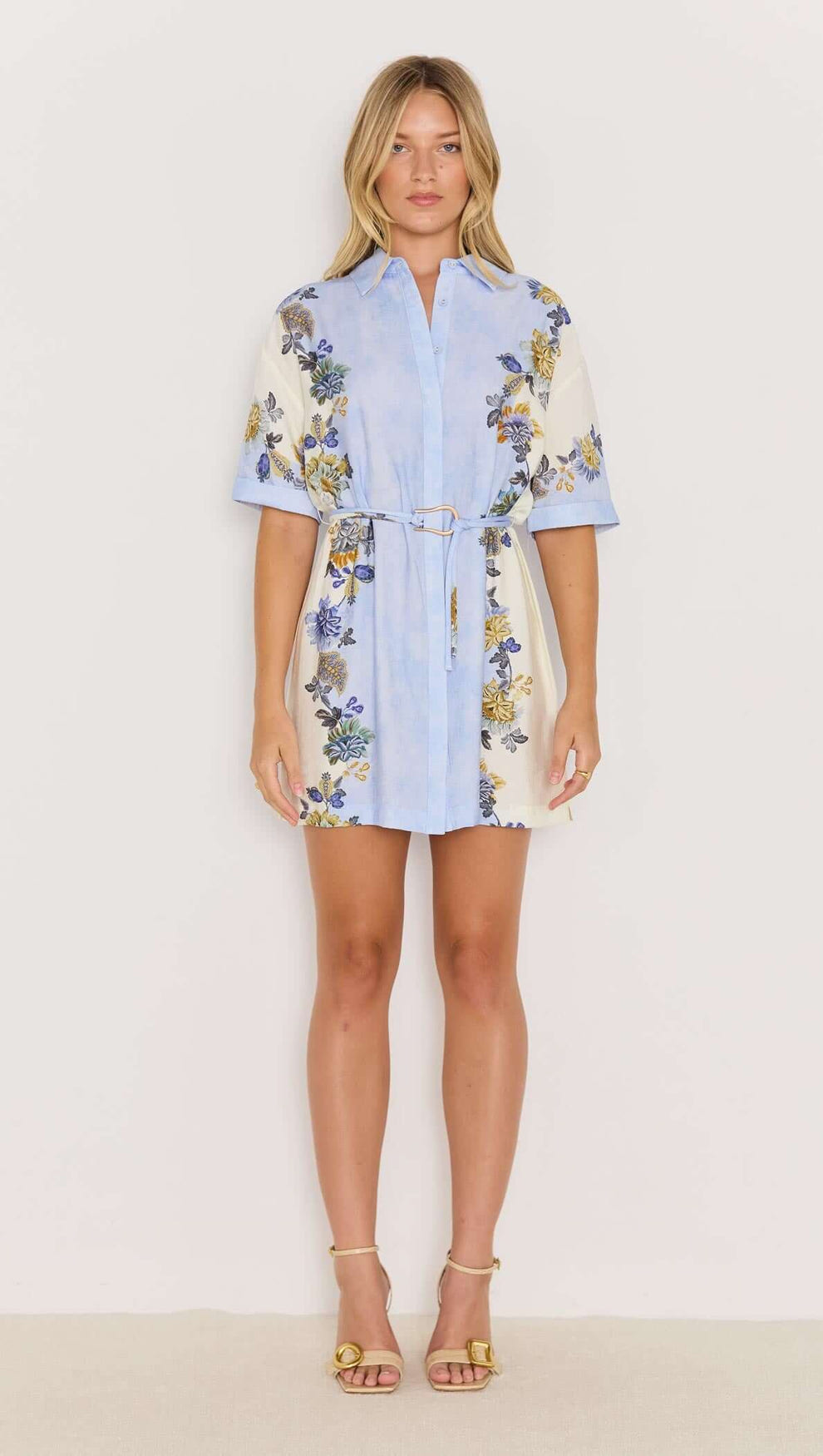 floral mini shirt dress Blue & Cream Floral Mini Shirt Dress