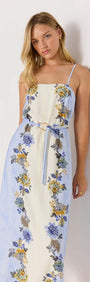 Lucia blue floral midi dress with tie waist, featuring a square neckline and spaghetti straps, perfect for sunny days.