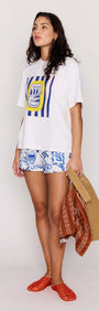 Statement Relaxed Oversized Cotton Tee worn by a model, showcasing a Mediterranean print and summer styling.