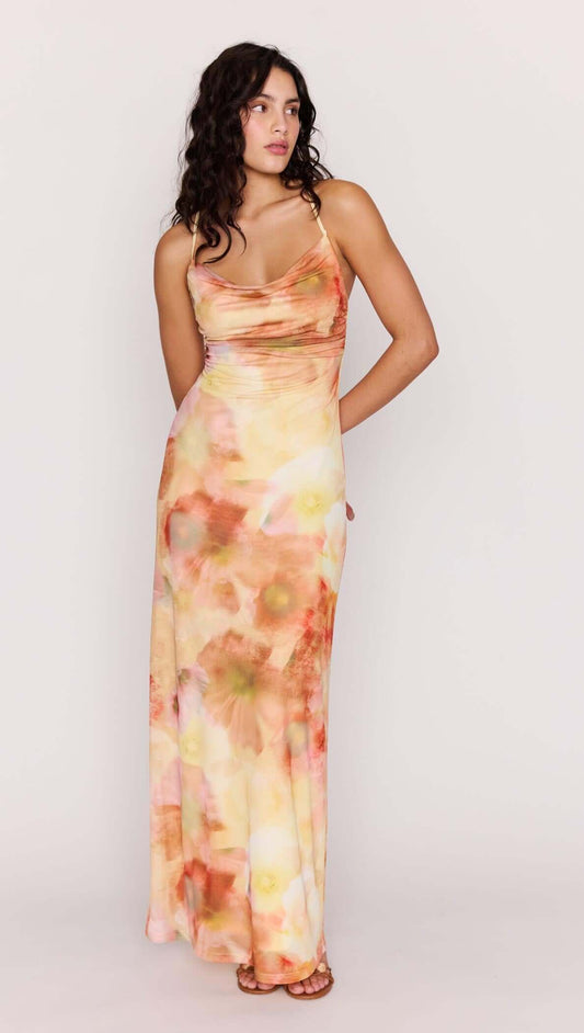 Sunset Tonal Mesh Maxi Dress featuring a floral print and a fitted silhouette with a draped neckline.