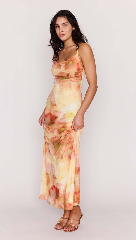 Model wearing the Sunset Tonal Mesh Maxi Dress featuring a draped neckline and floral print.