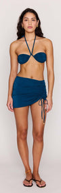 Teal Ruched Mini Swim Skirt featuring an adjustable drawstring for customizable fit and comfort at the beach or bar.