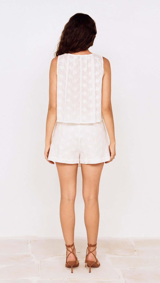 Model showcasing the back view of the Tie Detail Broderie Anglaise Cotton Skort outfit.