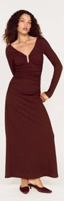 U Wire Textured Jersey Midi Dress in Chocolate displayed on a model, featuring a V-neck and long sleeves.