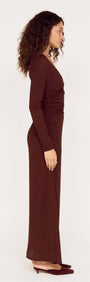 Side view of U Wire Textured Jersey Midi Dress in Chocolate, showcasing its elegant silhouette and textured fabric.