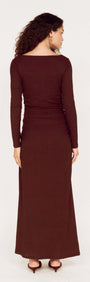 Back view of U Wire Textured Jersey Midi Dress in Chocolate, showcasing its elegant and fitted design.