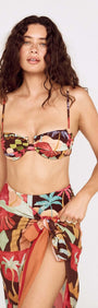 Vintage Coastal Print Gathered Bikini Top worn with matching skirt, showcasing a vibrant and colorful floral design.