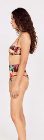 Side view of a model wearing a Vintage Coastal Print Gathered Bikini Top with matching high-waisted bottoms.