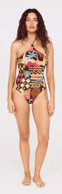 Vintage Coastal Print Halterneck One Piece model front view showcasing vibrant tropical patterns and flattering fit.