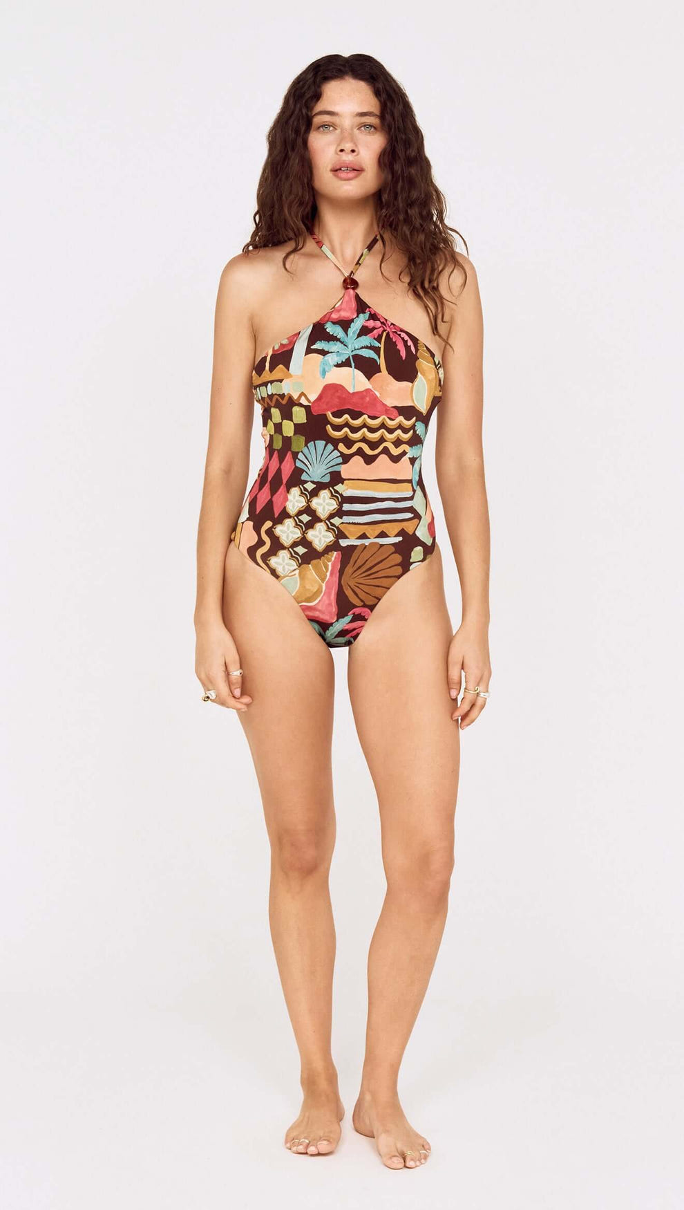 Vintage Coastal Print Halterneck One Piece model front view showcasing vibrant tropical patterns and flattering fit.