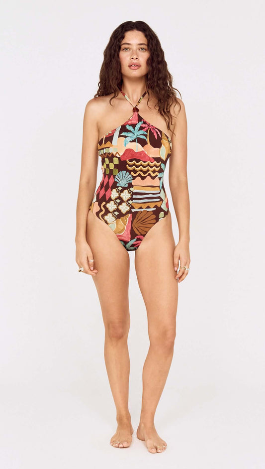 Vintage Coastal Print Halterneck One Piece model front view showcasing vibrant tropical patterns and flattering fit.
