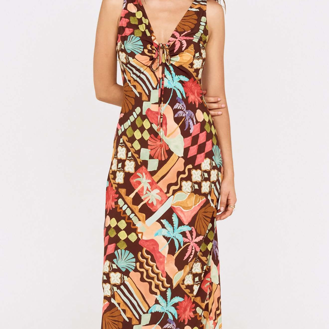Vintage Coastal Print Keyhole Midi Dress featuring colorful tropical patterns and a flattering keyhole neckline.