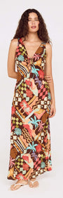 Vintage Coastal Print Keyhole Midi Dress featuring colorful tropical patterns and a flattering keyhole neckline.