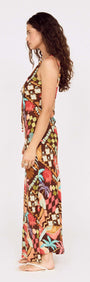 Vintage Coastal Print Keyhole Midi Dress showcased on a model from the side, highlighting vibrant tropical patterns and design.