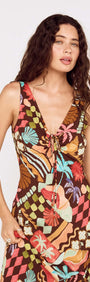 Model wearing a Vintage Coastal Print Keyhole Midi Dress with colorful patterns and a deep V-neckline.