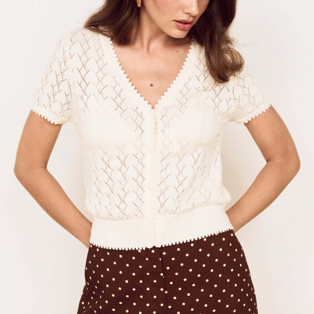 Model wearing a White Cotton Pointelle Knit Top with button-through front and V-neckline, styled with polka dot pants.
