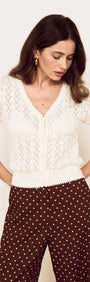 Model wearing a White Cotton Pointelle Knit Top with button-through front and V-neckline, styled with polka dot pants.