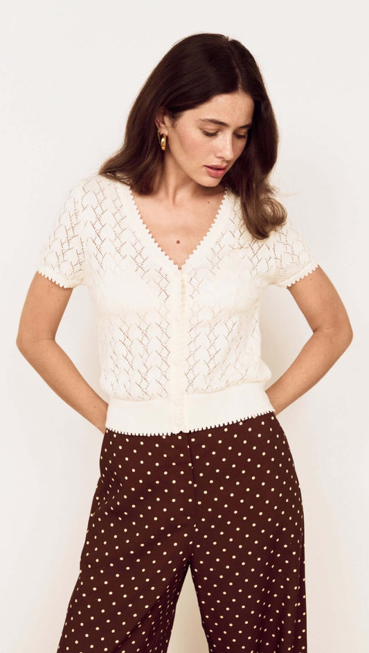 Model wearing a White Cotton Pointelle Knit Top with button-through front and V-neckline, styled with polka dot pants.
