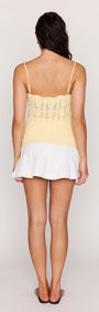 Back view of a model wearing a lace yellow and white summer dress, showcasing a playful and casual style.