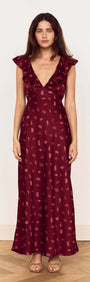 Wine Satin Paisley Ruffled Bias Midi Dress in a stunning burgundy color, featuring ruffles and a plunging neckline.