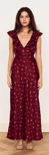 Wine Satin Paisley Ruffled Bias Midi Dress in a stunning burgundy color, featuring ruffles and a plunging neckline.