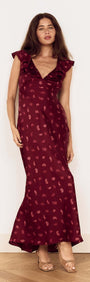 Wine Satin Paisley Ruffled Bias Midi Dress showcasing elegant ruffles and a plunging neckline in a beautiful wine hue.