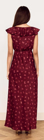 Wine Satin Paisley Ruffled Bias Midi Dress shown from the back, featuring ruffles and a flowing skirt in a rich wine paisley print.