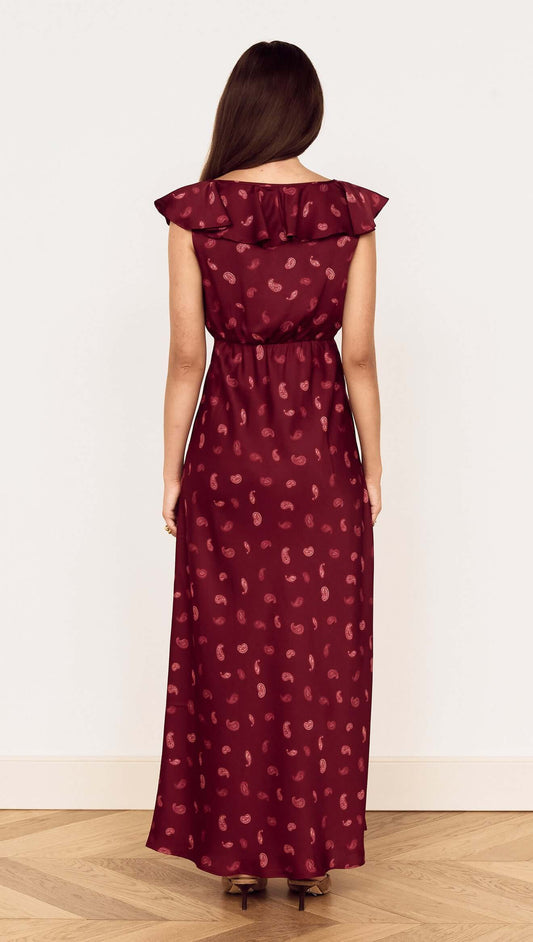 Wine Satin Paisley Ruffled Bias Midi Dress shown from the back, featuring ruffles and a flowing skirt in a rich wine paisley print.