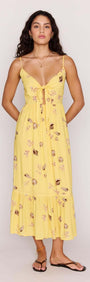 Yellow Printed ECOVERO Summer Midi Dress featuring a front tie, V-neckline, and a flowing skirt in a seashell print.