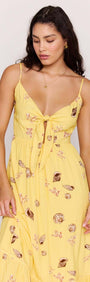 Yellow Printed ECOVERO Summer Midi Dress featuring a flattering V-neckline and adjustable tie detail.