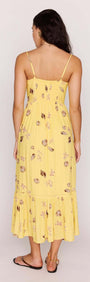Yellow Printed ECOVERO Summer Midi Dress showing the back view with seashell print and flowy skirt.