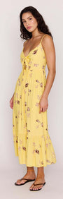 Yellow Printed ECOVERO Summer Midi Dress with adjustable front tie and seashell print, perfect for summer events.