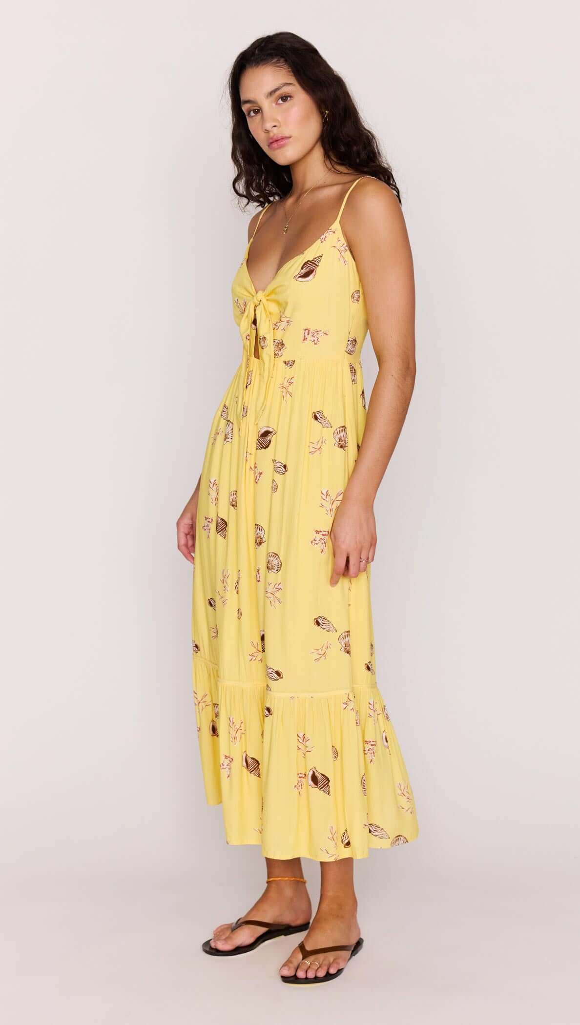 Yellow Printed ECOVERO Summer Midi Dress with adjustable front tie and seashell print, perfect for summer events.